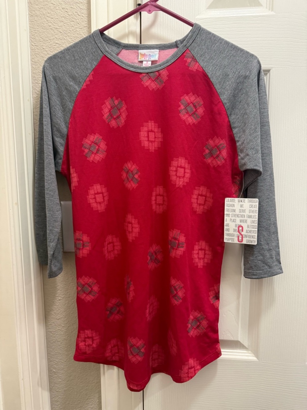LuLaRoe Red Randy Tee with Gray Sleeves